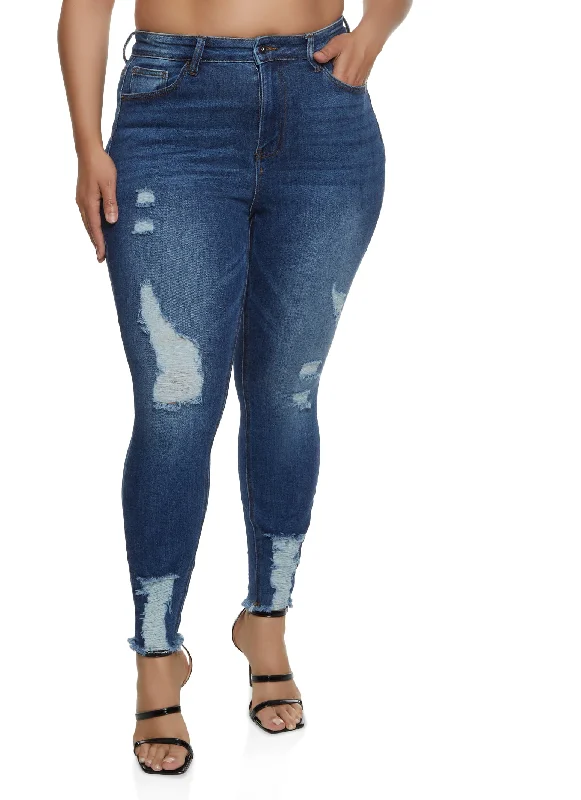 Overalls Jeans for Workwear -Plus Size WAX Frayed Hem Skinny Jeans