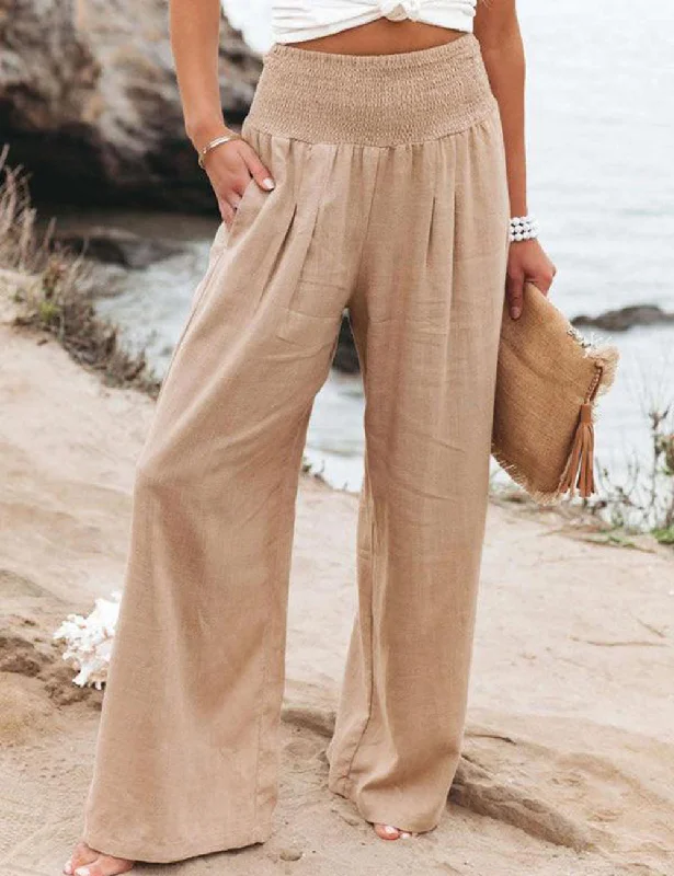 Raw edge straight jeans for unique finishes -Smocked Waist Side-seam Wide Leg Linen Pants