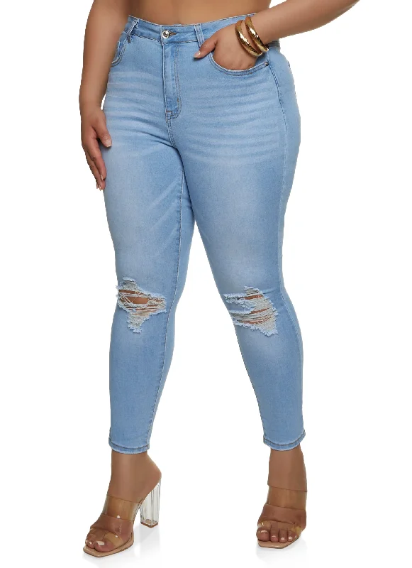 Branded Jeans for Quality -Plus Size WAX Ripped Knee Distressed Jeans