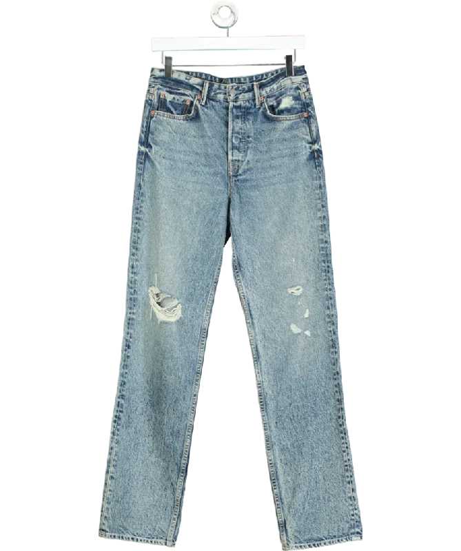 Medium wash straight jeans for neutral pairing -grlfrnd Blue Distressed Boyfriend Jeans W27