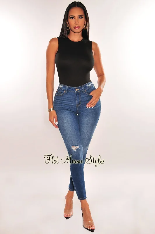 Classic blue straight jeans for everyday casual wear -Dark Denim High Waist Ripped Skinny Jeans