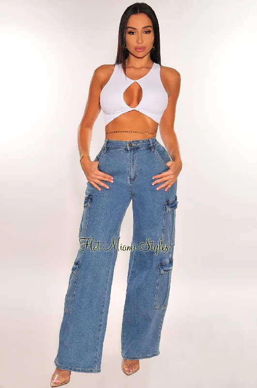 Classic dark straight jeans for timeless appeal -Denim High Waist Cargo Wide Leg Jeans