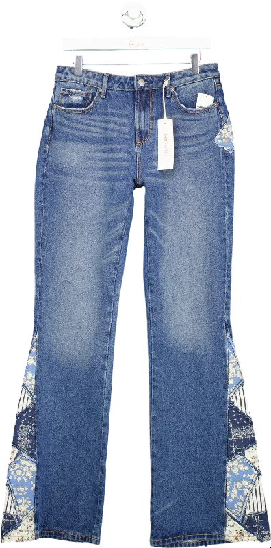 Eco-friendly straight jeans with sustainable dye process -Driftwood Blue Patchwork Flare Jeans UK W28 L34