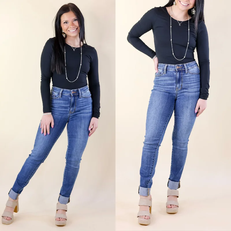 Cutoff Shorts Jeans for Fun -Judy Blue | Signature Stride Cuffed Hem Skinny Jeans in Medium Wash