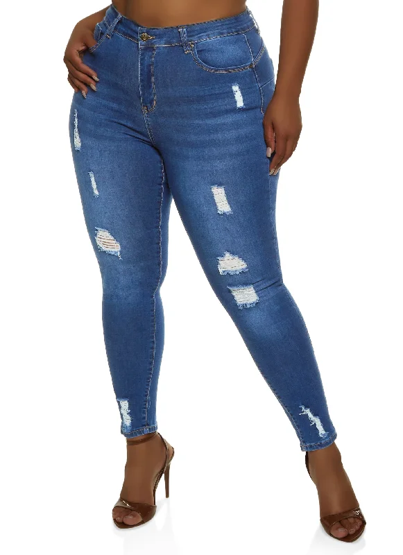 Five Pocket Jeans for Storage -Plus Size WAX High Rise Distressed Push Up Skinny Jeans