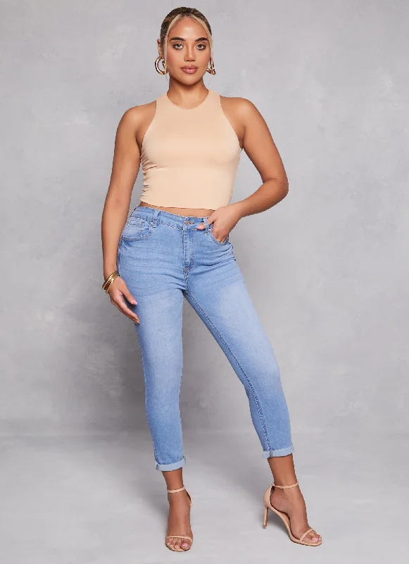 Relaxed Jeans for Comfortable -WAX High Waist Rolled Cuff Denim Jeans