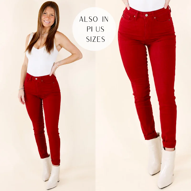 Fringed Jeans for Western -Judy Blue | Around The Block Tummy Control Garment Dyed Skinny Jeans in Maroon (Lots of Sizes)