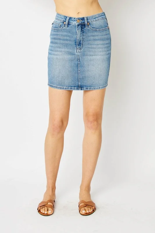 Retro straight jeans with wide belt loops -Judy Blue High Rise Denim Mini Skirt