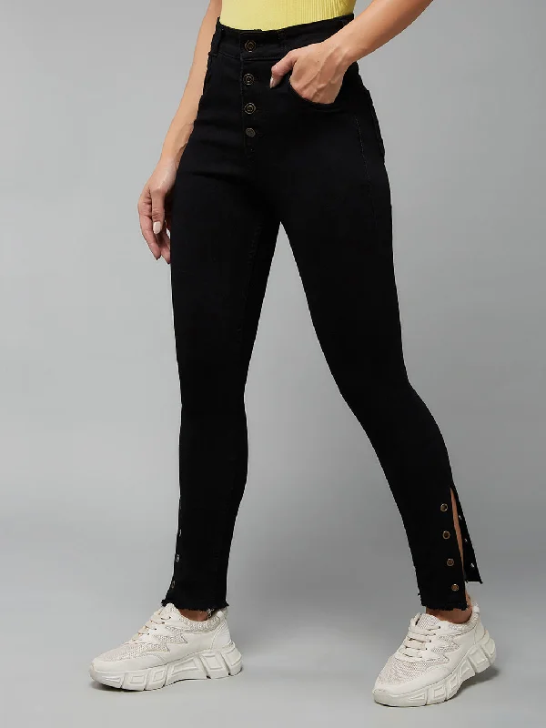 Cargo Jeans for Utility -Women's Black Skinny Fit Relaxed High Rise Regular Length Denim Stretchable Jeans