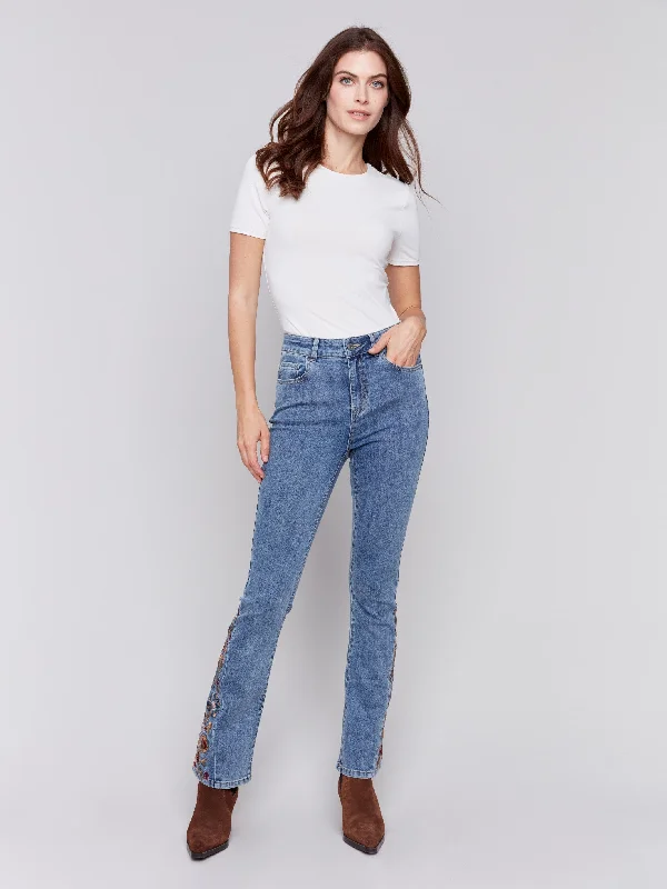 Retro bell-bottom pants for 70s-inspired fashion -Bootcut Jeans with Floral Embroidery - Medium Blue