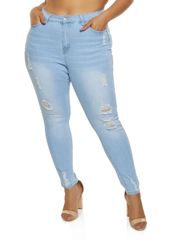 Embroidered Jeans for Detail -Plus Size WAX Distressed Push Up Skinny Jeans