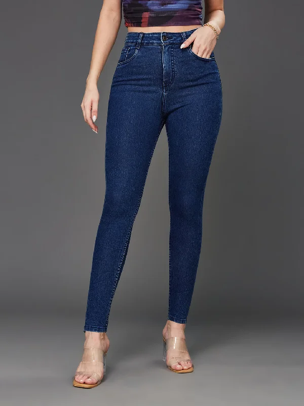 Raw Hem Jeans for Trendy -Women's Blue Skinny Fit High Rise Cropped Stretchable Denim Jeans