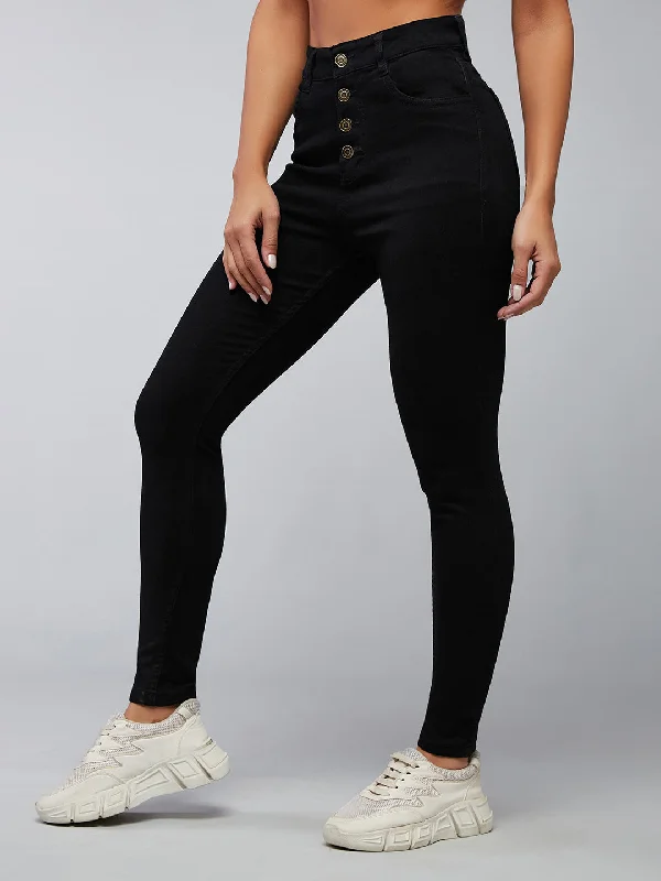 Studded Jeans for Punk -Women's Black Skinny Fit High Rise Clean Look Regular Stretchable Denim Jeans