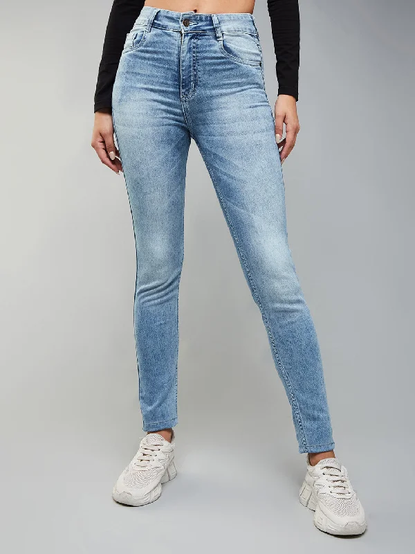 Sustainable Jeans for Eco -Women's Light Blue Slim Fit High Rise Regular Length Light Wash Denim Stretchable Jeans