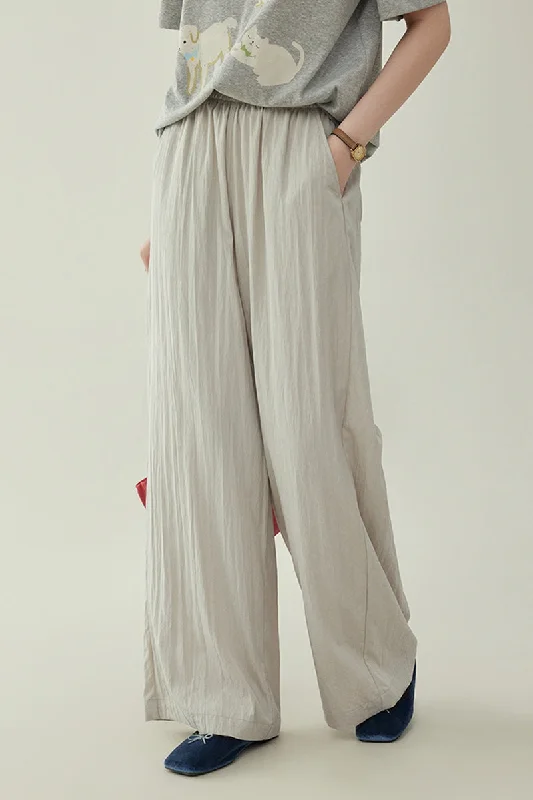 Relaxed cotton pants for breezy casual days -High-Waisted Wide-Leg Slacks Elastic Waist