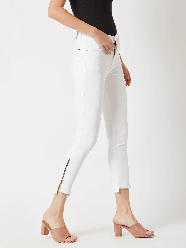 Black Jeans for Formal Look -Women's White Skinny Fit High Rise Side Slit Raw Edge Detailing Clean Look Cropped Stretchable Denim Jeans