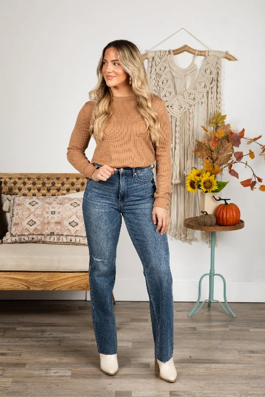 Light wash straight jeans for summer trends -Judy Blue Tummy Control Raw Hem Straight Leg Jeans