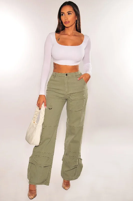 Mid-rise faded straight jeans for easy styling -Army Green High Waist Wide Leg Cargo Jeans