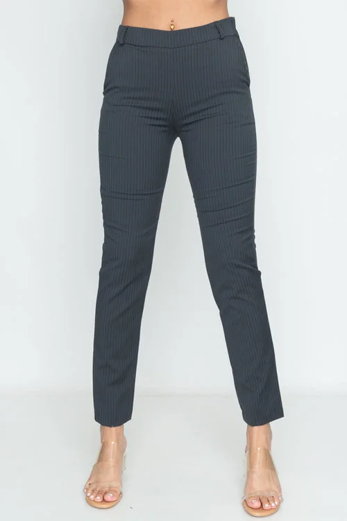 Designer straight jeans with signature logo details -Slim Fit Business Casual Pin Stripe Dress Pants With Belt Loops in Charcoal*l(14415-TW020)