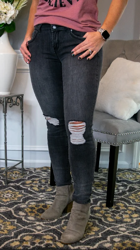 Moisture-wicking pants for intense gym workouts -The Nikki - 3 Button Distressed Faded Black Denim Skinny Jeans