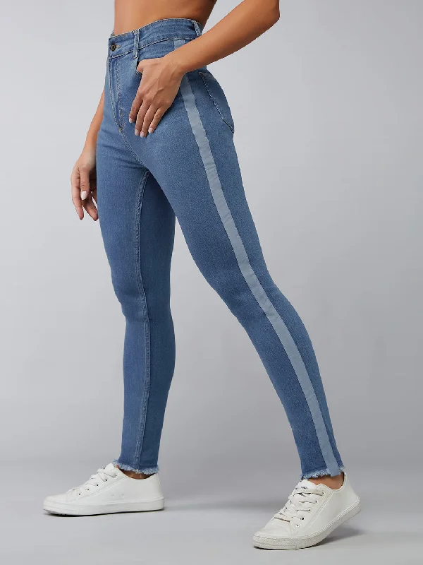 Cargo Jeans for Utility -Women's Blue Skinny High Rise Clean Look Fringe And Silky Denim Tape Detailing Cropped Denim Jeans