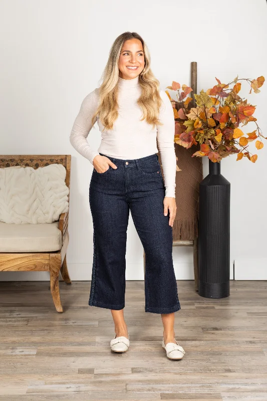 Casual straight jeans for effortless errand runs -Judy Blue Side Braid Detail Crop Wide Jeans