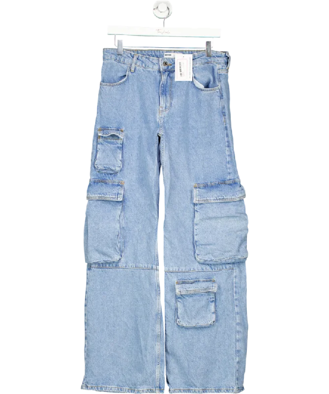 Breathable straight jeans for hot summer days -Bershka Blue Multi-pocket Cargo Jeans UK 8