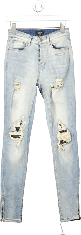 Vintage faded straight jeans for nostalgic flair -boohooMan Blue Skinny Stretch Rip And Repair Vintage Faded Jeans W28