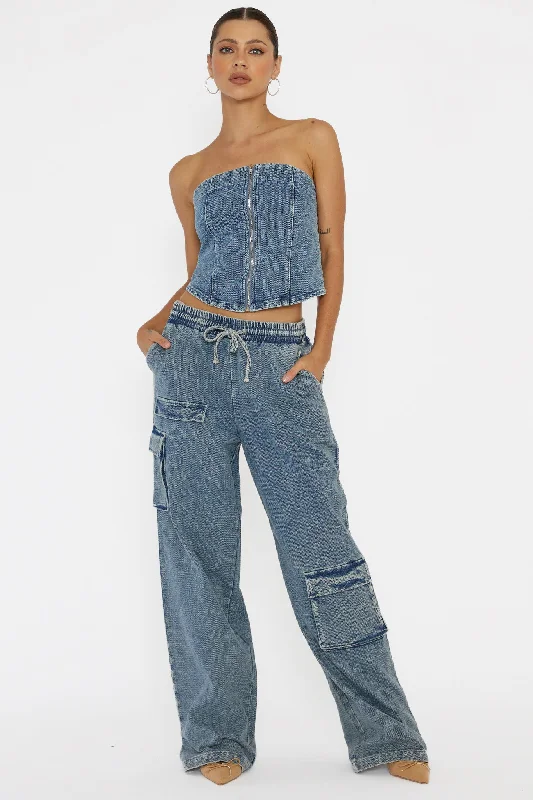 Warm flannel pants for chilly morning lounging -Out Of Touch Cargo Pants Indigo