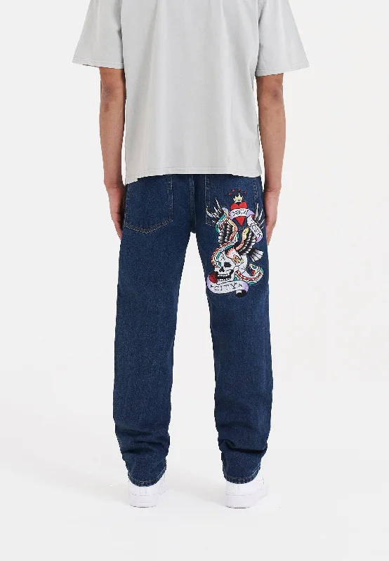 Pleated trousers pants for sophisticated gentleman charm -Mens Nyc-Skull Tattoo Graphic Denim Trousers Jeans - Indigo