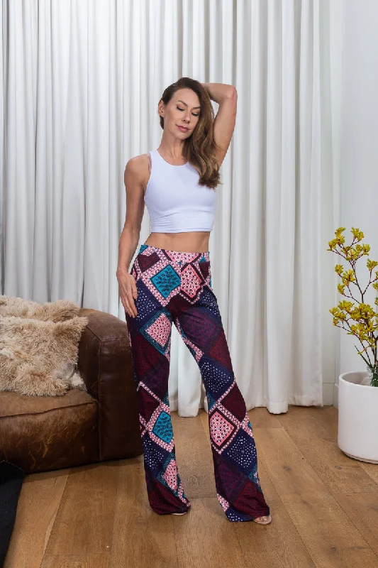 Light wash straight jeans for summer trends -Multi Color Geo Print High Waist Flare Leg Palazzo Pants in Indigo & Pink* (155709)