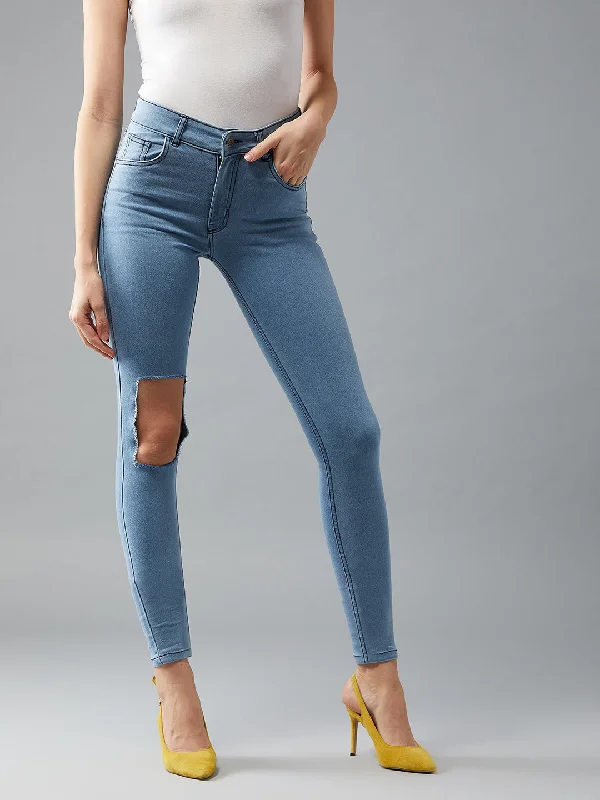 Hunting Jeans for Woods -Women's Light Blue Skinny Mid Rise Clean Look knee Cut-out detailing Regular length Stretchable Denim Jeans