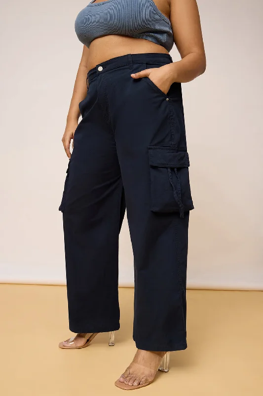 Stretch denim pants for curvy figure flattery -Curvy Contour Navy Blue Cargo Pants