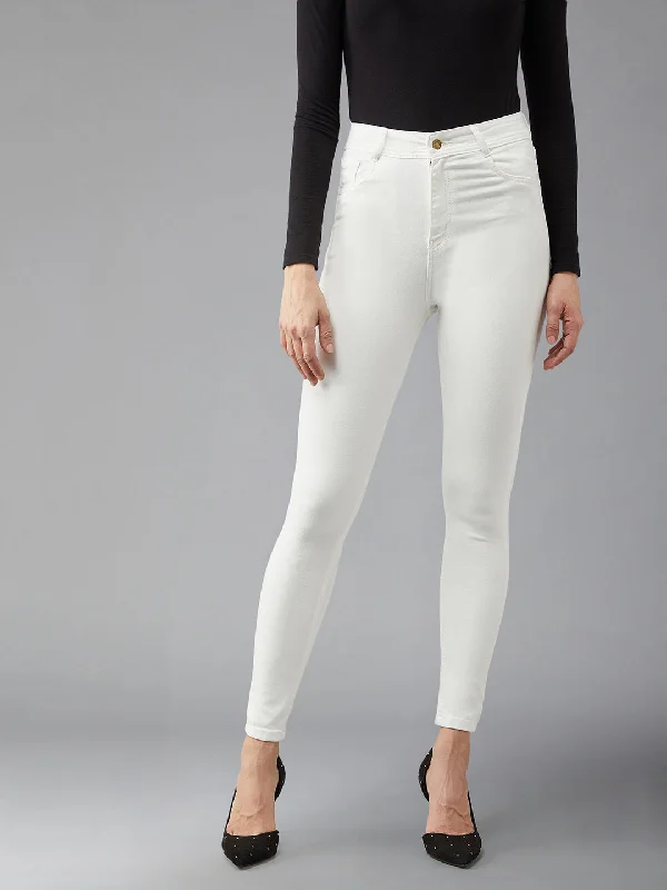 Embroidered Jeans for Detail -Women's White Skinny Fit High Rise Clean Look Regular Length Bleached Denim Jeans