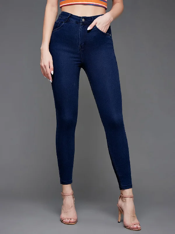 Organic Jeans for Natural -Women's Navy Blue Skinny Fit High Rise Clean Look Cropped Length Stretchable Denim Jeans