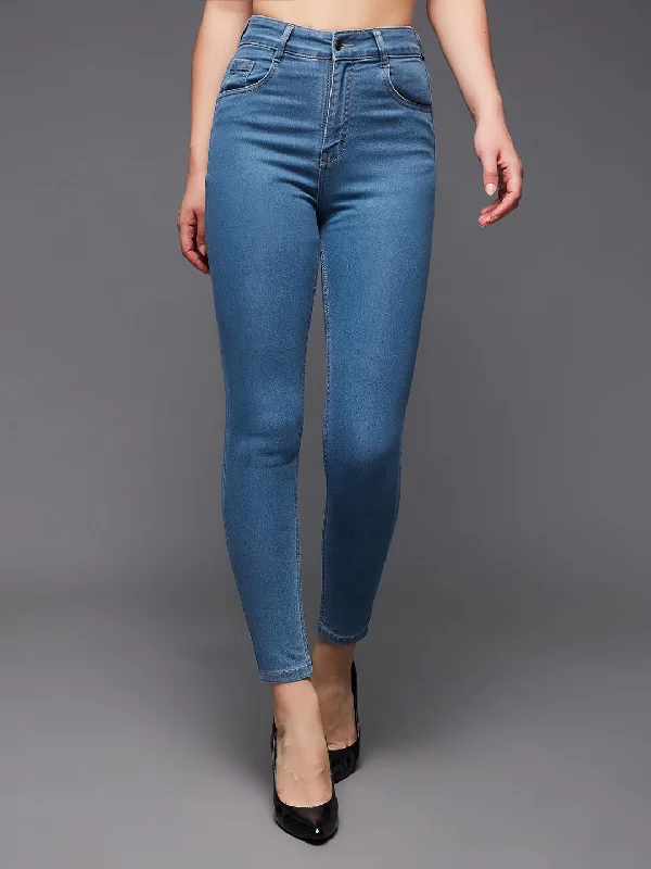 Blue Jeans for Everyday Wear -Women's Blue Solid Skinny High Rise Clean Look Cropped Solid Stretchable Denim Jeans