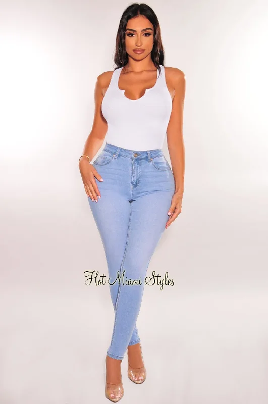 Vintage wash straight jeans for retro fashion vibes -Light Denim Wash High Waisted Stretchy Skinny Jeans