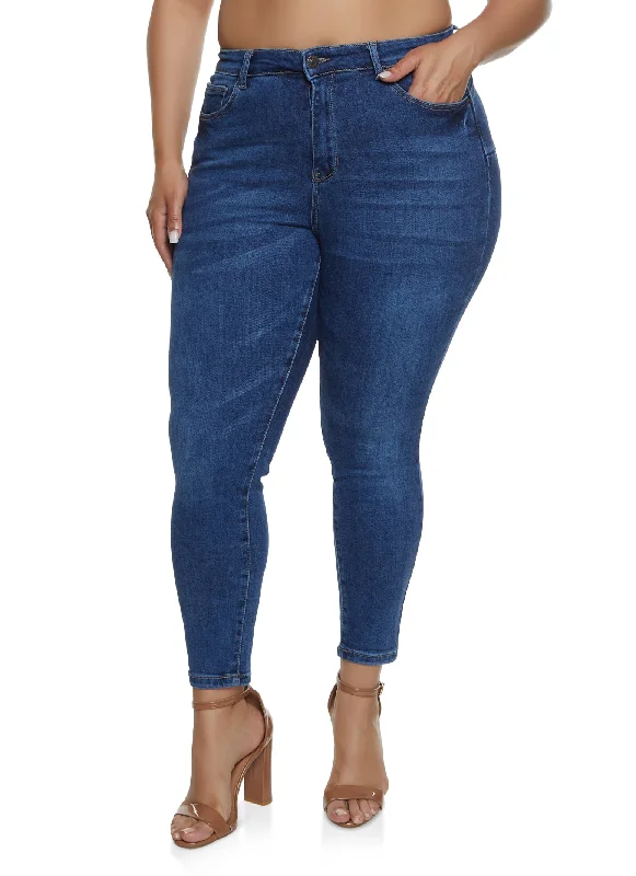 Faded Jeans for Laid-back -Plus Size WAX Whiskered High Waist Skinny Jeans