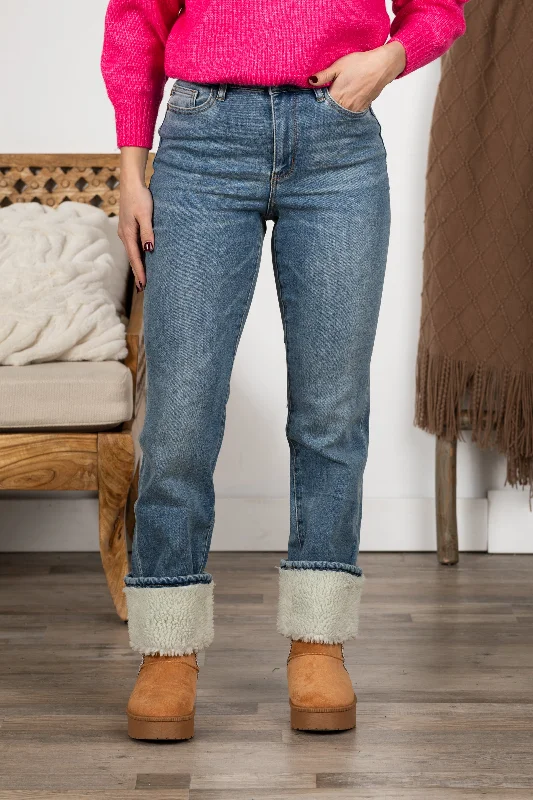 Mid-wash straight jeans for everyday versatility -Judy Blue Shearling Cuff Straight Jeans