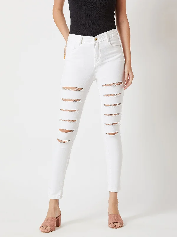 Painted Back Pocket Jeans for Artistic -Women's White Skinny High Rise Ripped Regular length Stretchable Denim Jeans