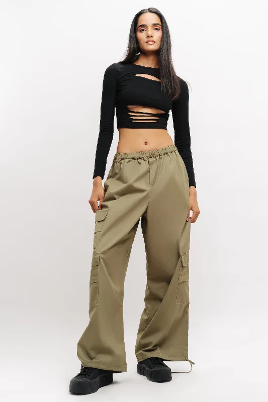 Multi-pocket pants for organized travel convenience -Olive Baggy Pants