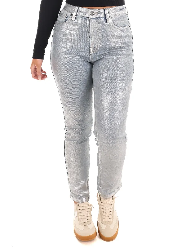 Soft stretch straight jeans for all-day comfort -Glow Up High Rise Metallic Straight Jeans