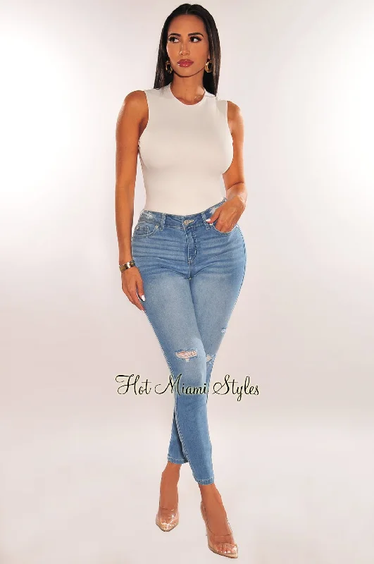 High-waisted straight jeans for flattering women’s style -Light Denim High Waist Ripped Skinny Jeans