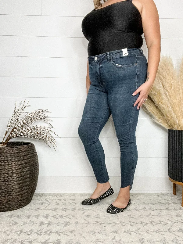 Lightweight straight jeans for warm weather ease -Judy Blue "Plant Therapy" Stem hem Tummy Control Skinny Jeans