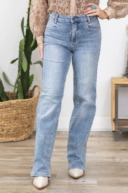 Soft stretch straight jeans for long wear -Judy Blue Front Yoke Retro Wide Leg Jeans