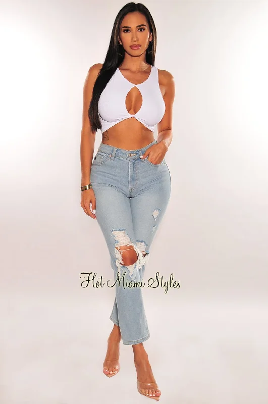 Lightweight faded straight jeans for warm climates -Light Denim High Rise Ripped Wide Leg Ankle Jeans