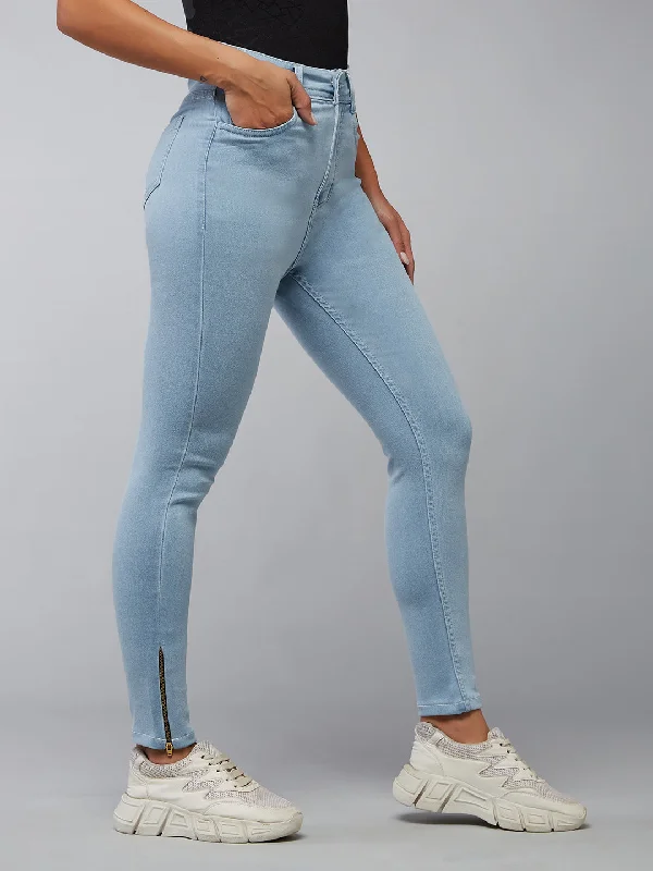 Faded Jeans for Laid-back -Women's Light Blue Skinny High-Rise Distressed Cropped Denim Jeans