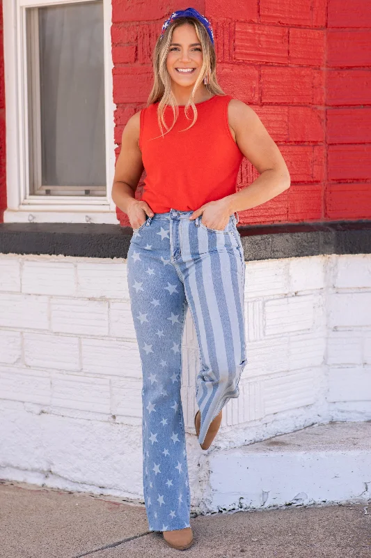 Breathable straight jeans for hot summer days -Judy Blue Stripes and Stars Flare Jeans