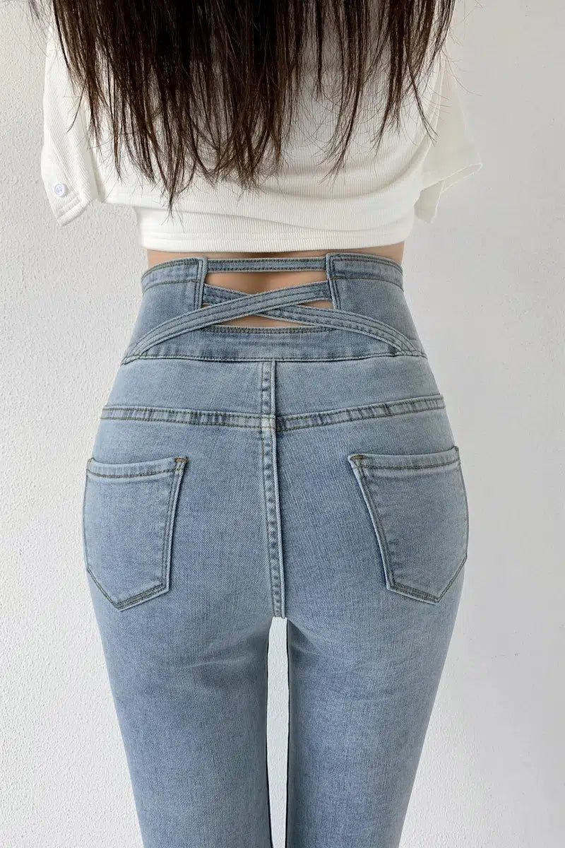 Outdoor Jeans for Adventures -Cut Out Cross Waistband Skinny Jeans