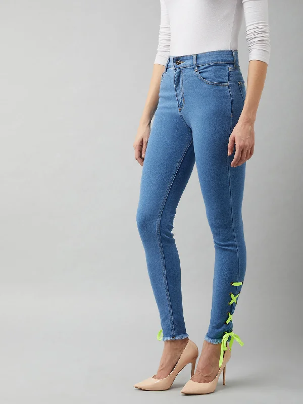 Yoga Jeans for Stretch -Women's Blue Cotton Skinny Fit High Rise Stretchable Denim Jeans